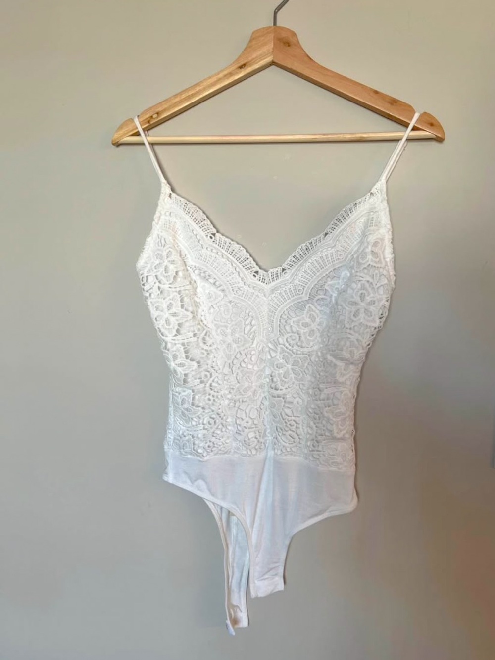 Lulu's White Lace V-Neck Spaghetti Strap Bodysuit